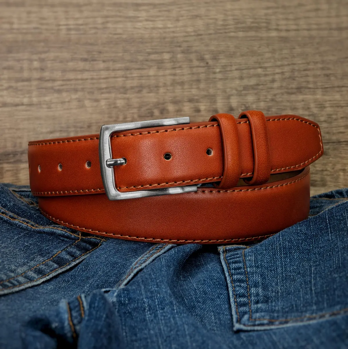 Ashford Ridge Mens 33mm Double Loop Leather Belt -Tan Large | Classic Suit & Jeans Belt - view 5