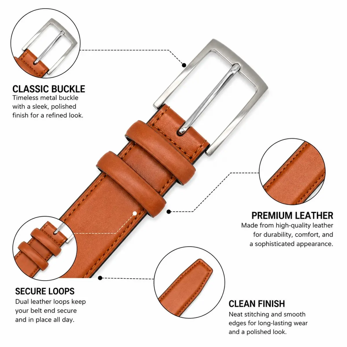 Ashford Ridge Mens 33mm Double Loop Leather Belt -Tan Large | Classic Suit & Jeans Belt - view 3