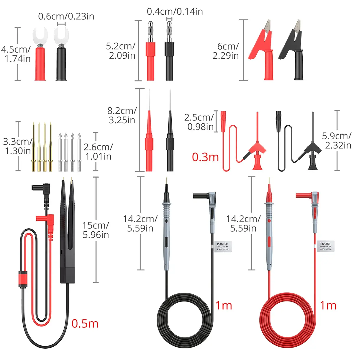 Proster Multi Test Leads Kit - Electrical Multimeter Test Lead Probes | CAT III 1000V, 20A, 3ft Silicon Leads - view 5