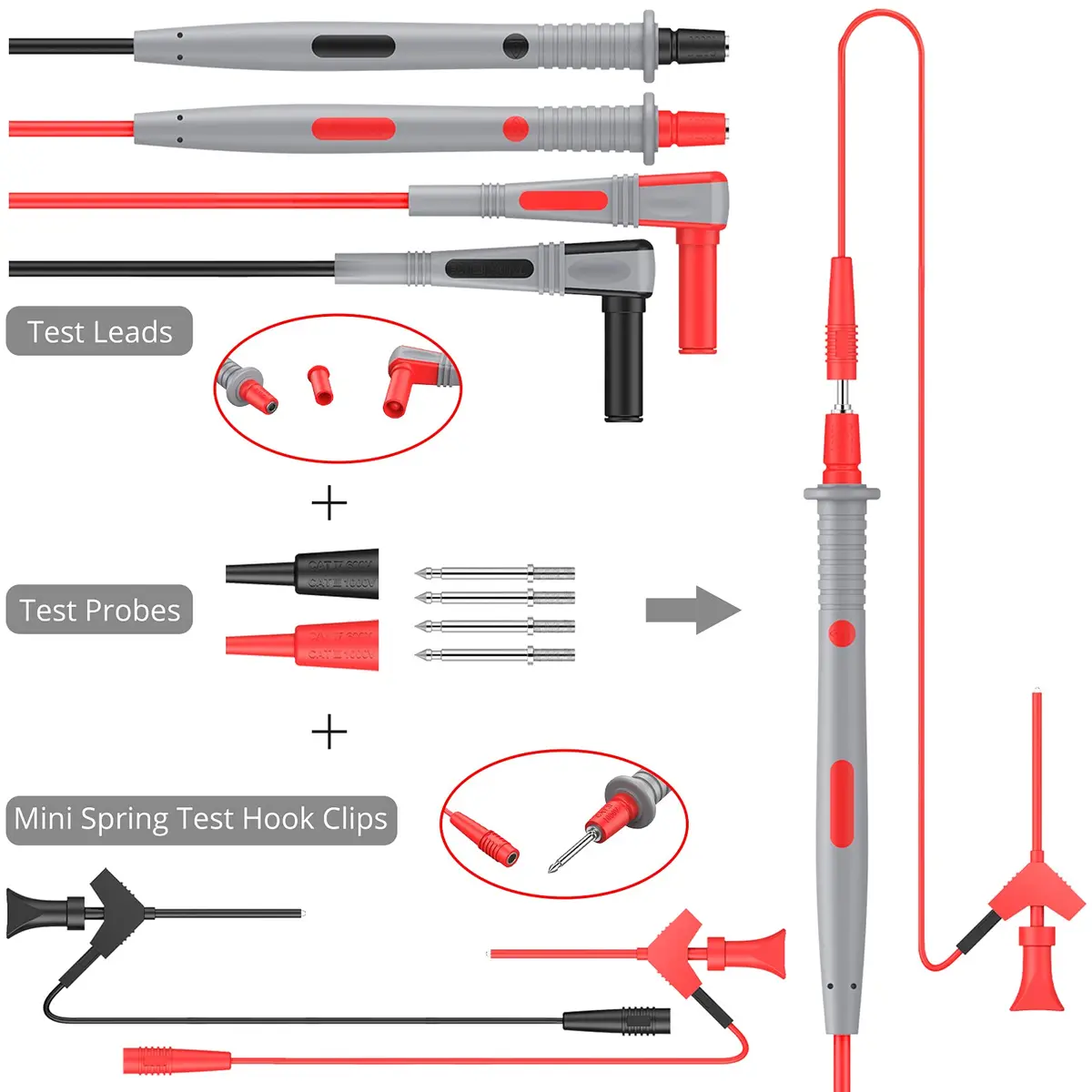 Proster Multi Test Leads Kit - Electrical Multimeter Test Lead Probes | CAT III 1000V, 20A, 3ft Silicon Leads - view 6