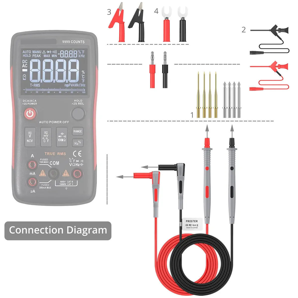 Proster Multi Test Leads Kit - Electrical Multimeter Test Lead Probes | CAT III 1000V, 20A, 3ft Silicon Leads - view 2