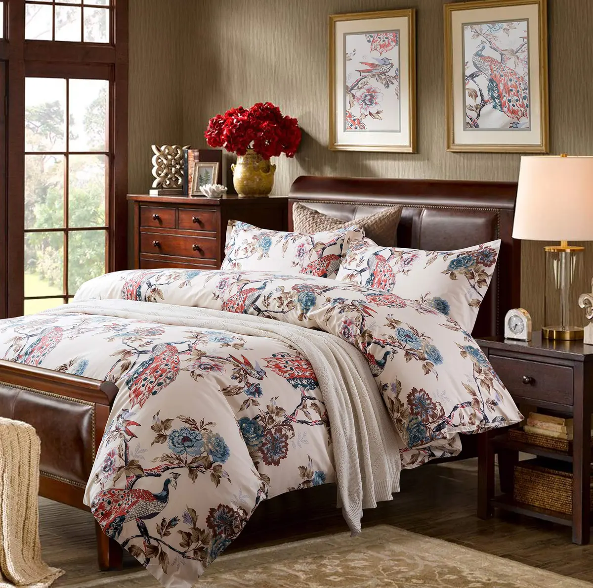 Eikei Oriental Garden Majestic Peacock Bird Floral Duvet Cover Twin | Chinoiserie Chic Asian Style - main product image