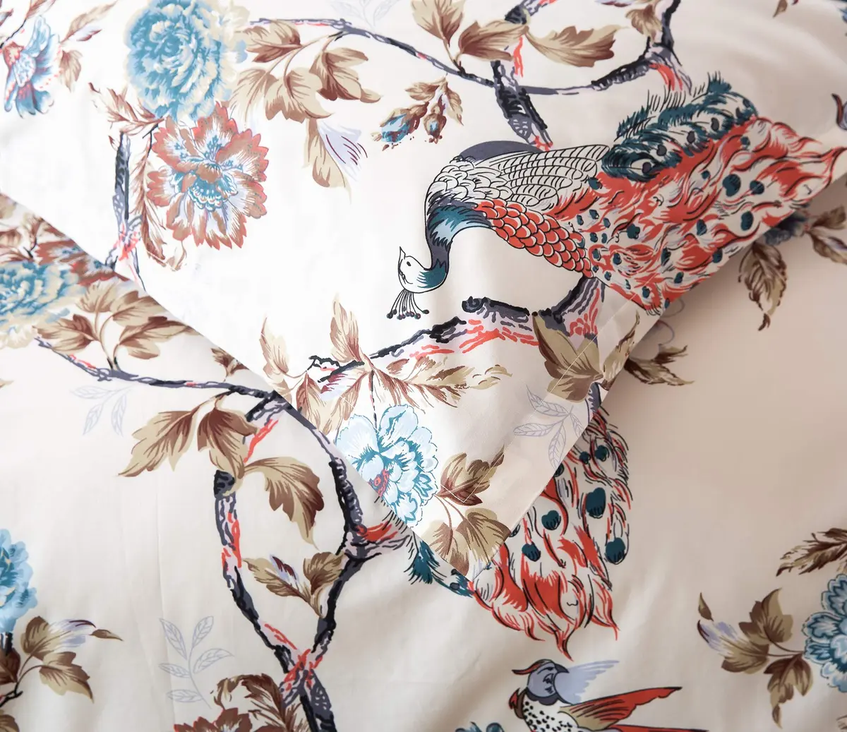 Eikei Oriental Garden Majestic Peacock Bird Floral Duvet Cover Twin | Chinoiserie Chic Asian Style - view 5