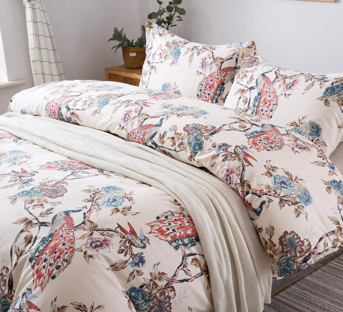 Eikei Oriental Garden Majestic Peacock Bird Floral Duvet Cover Twin | Chinoiserie Chic Asian Style - view 3