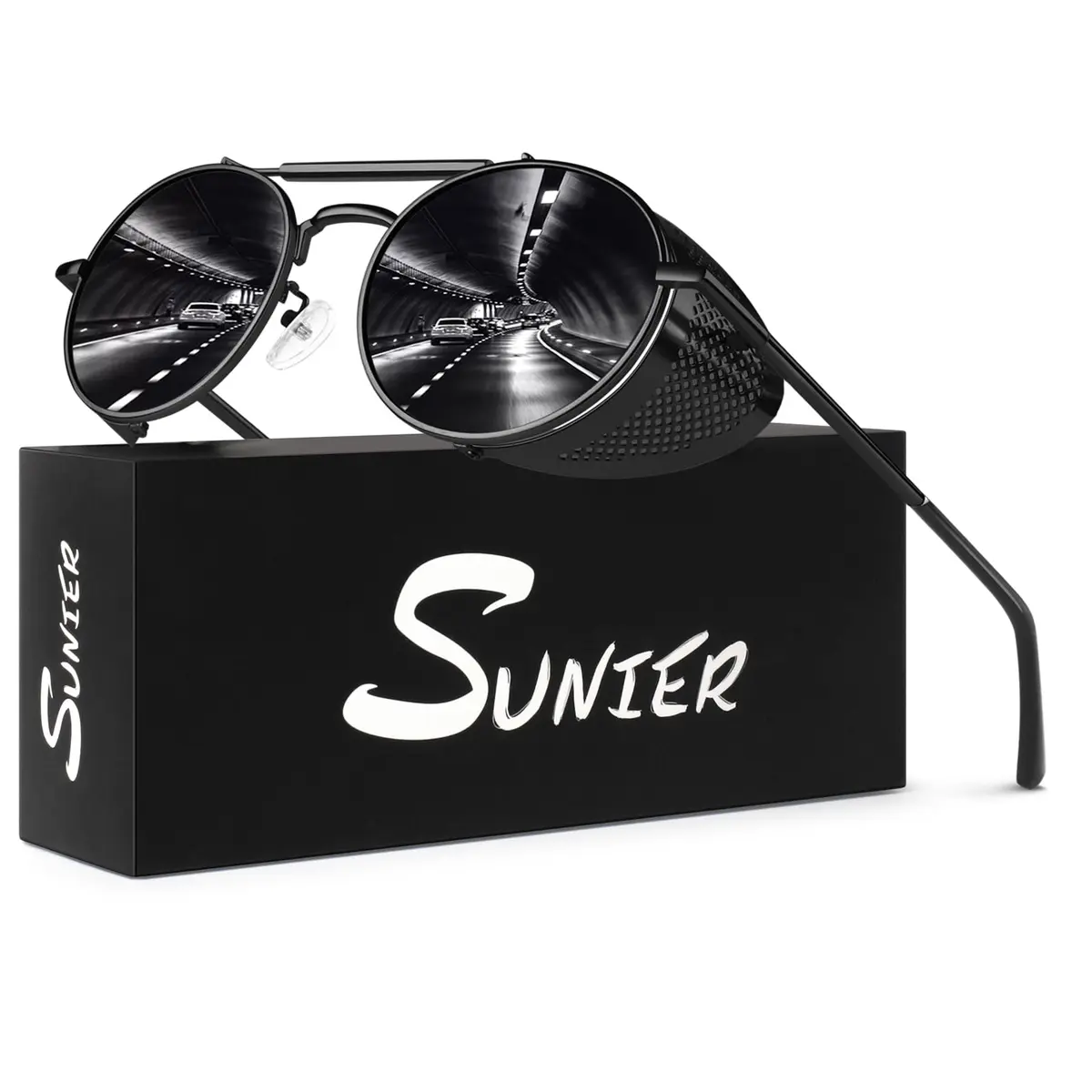 Sunier Round Polarized Steampunk Sunglasses Men Women Side Shield Goggles | 52mm Lens Width - main product image