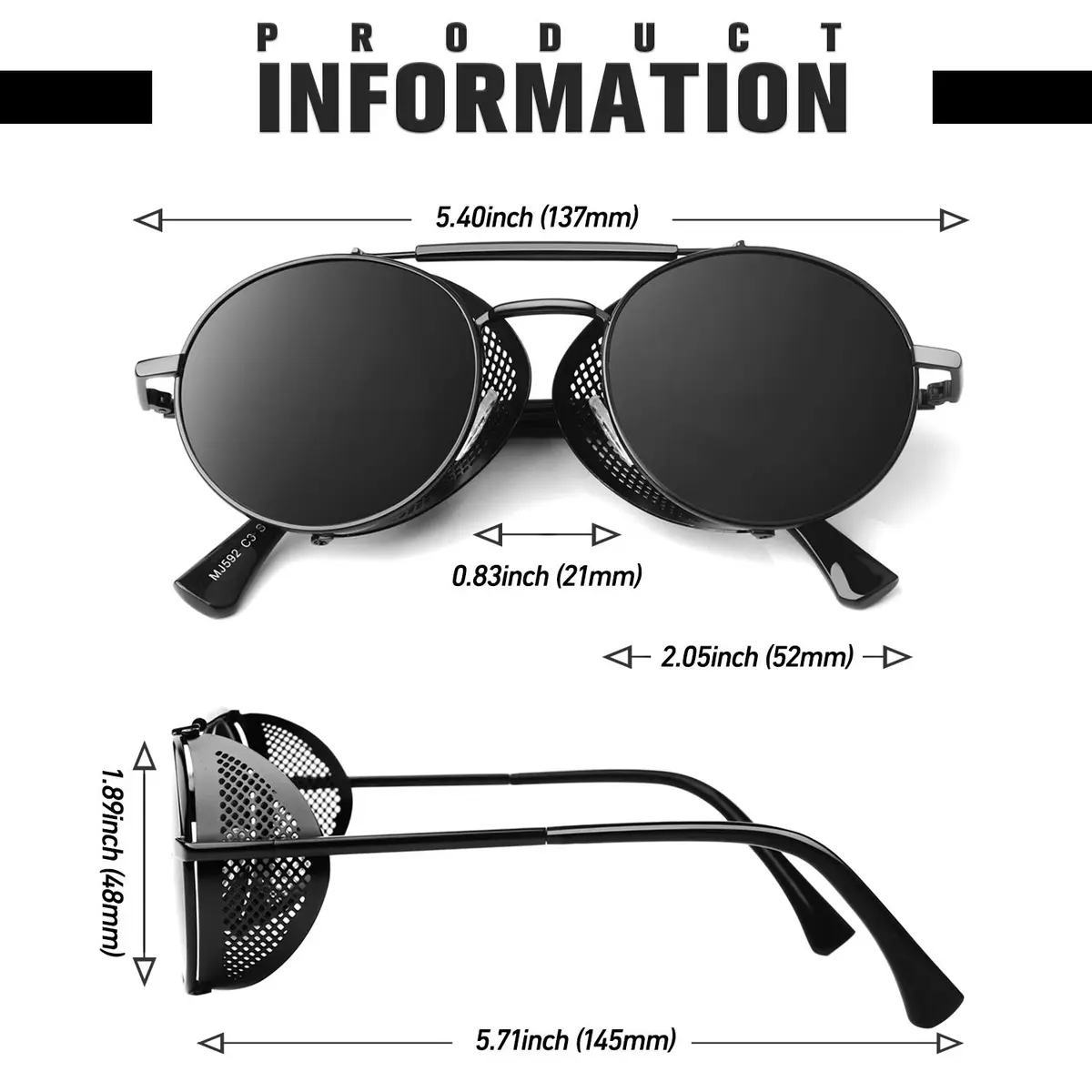 Sunier Round Polarized Steampunk Sunglasses Men Women Side Shield Goggles | 52mm Lens Width - view 6