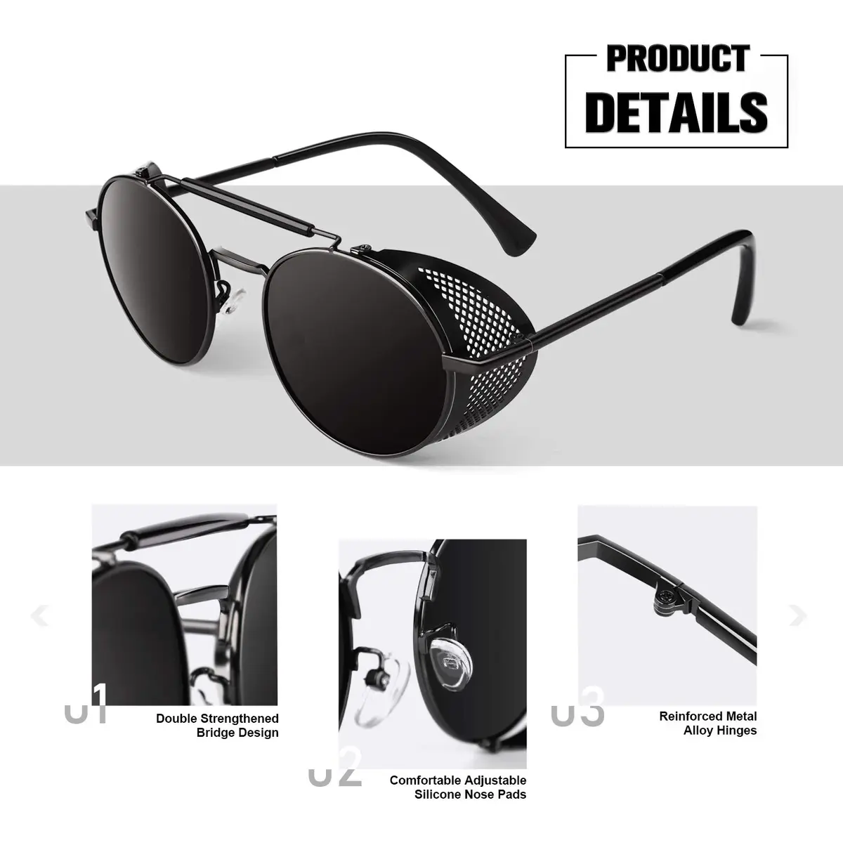 Sunier Round Polarized Steampunk Sunglasses Men Women Side Shield Goggles | 52mm Lens Width - view 4
