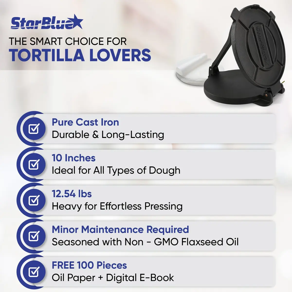 StarBlue 10 Inch Cast Iron Tortilla Press | 2.27 kg (5 lb) with 100 Oil Papers - view 7