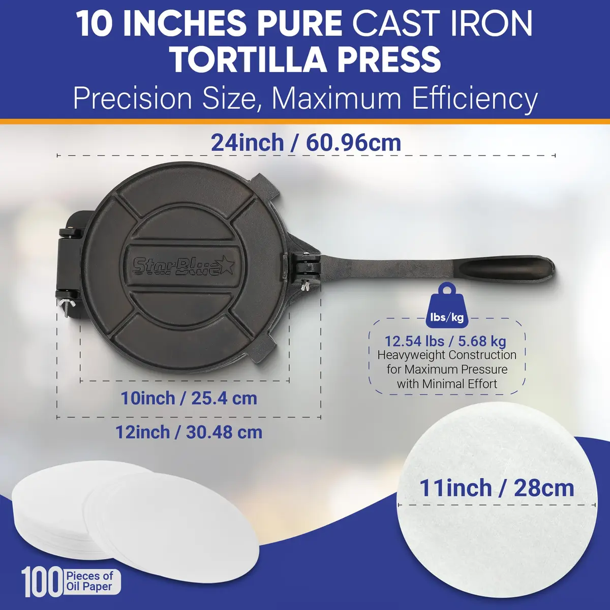StarBlue 10 Inch Cast Iron Tortilla Press | 2.27 kg (5 lb) with 100 Oil Papers - view 4