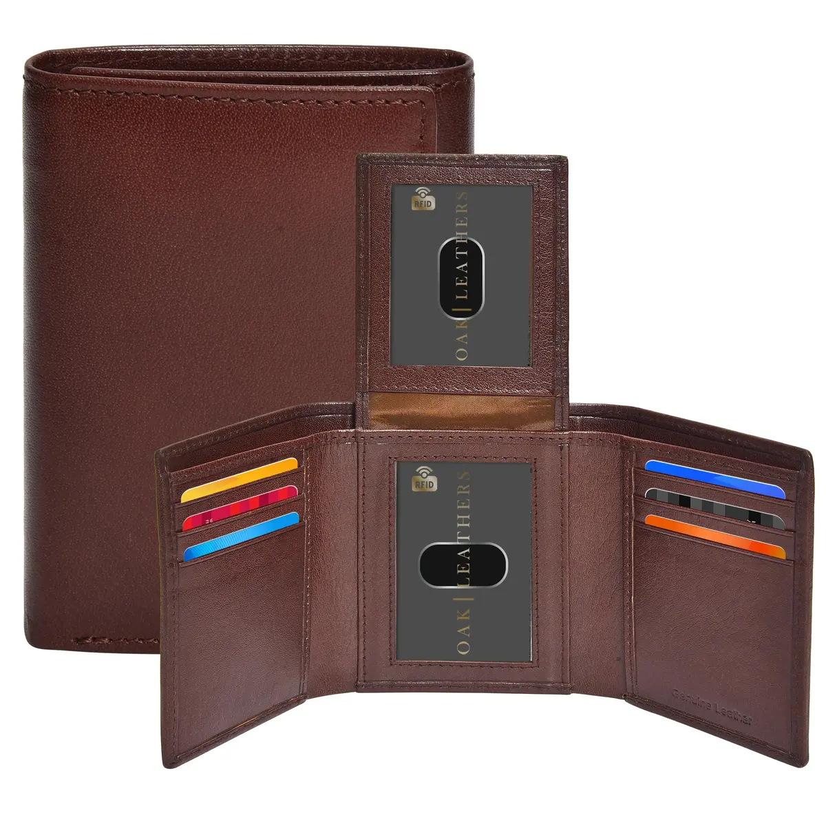 Oak Leathers Leather Mens Trifold Wallet RFID Blocking Slim with ID Window, Gift Box - main product image