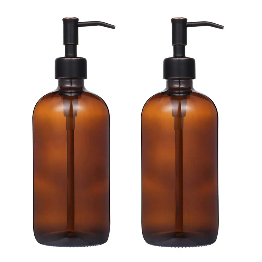 CHBJDAN 2 Pack Amber Glass Soap Dispenser with Oil Rubbed Bronze Pump, 16oz (473ml) Boston Round Bottles | Vintage Style for Home, Kitchen & Bath - main product image