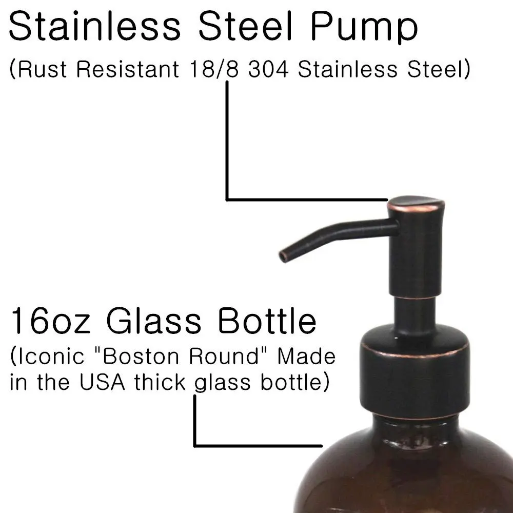 CHBJDAN 2 Pack Amber Glass Soap Dispenser with Oil Rubbed Bronze Pump, 16oz (473ml) Boston Round Bottles | Vintage Style for Home, Kitchen & Bath - view 3