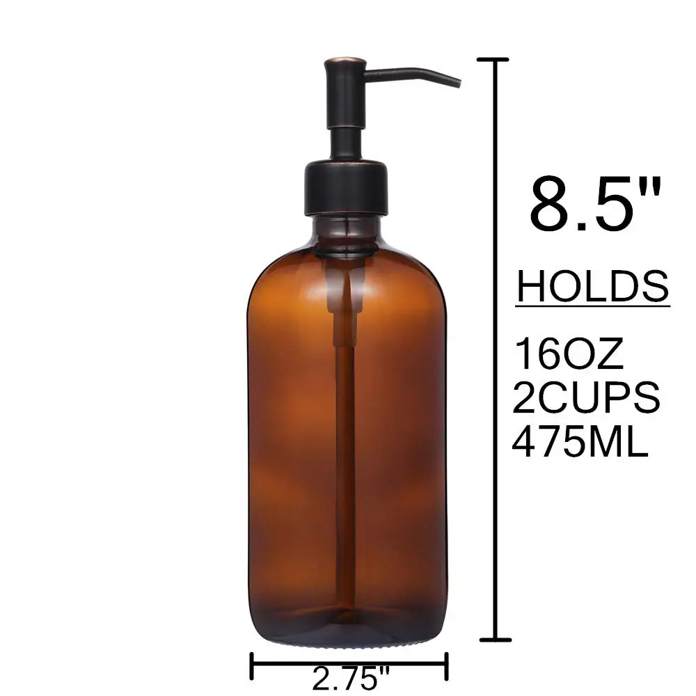 CHBJDAN 2 Pack Amber Glass Soap Dispenser with Oil Rubbed Bronze Pump, 16oz (473ml) Boston Round Bottles | Vintage Style for Home, Kitchen & Bath - view 4