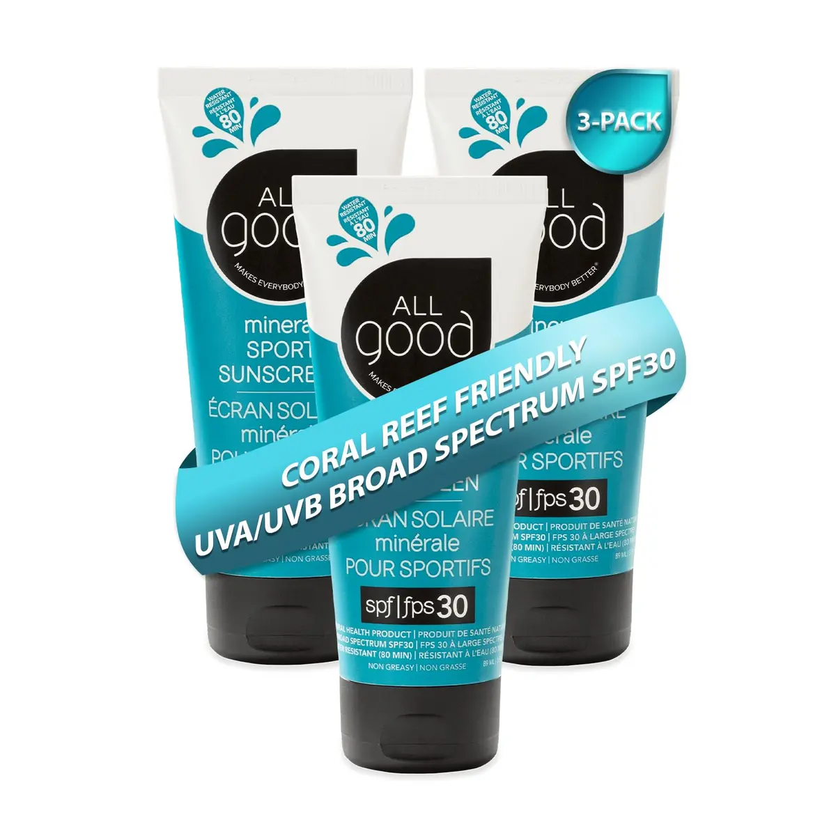 All Good Sport Mineral Sunscreen Lotion - Coral Reef Friendly, Water & Sweat Resistant, Face & Body, UVA/UVB Broad Spectrum SPF 30+ (3 oz) (3-Pack) - main product image