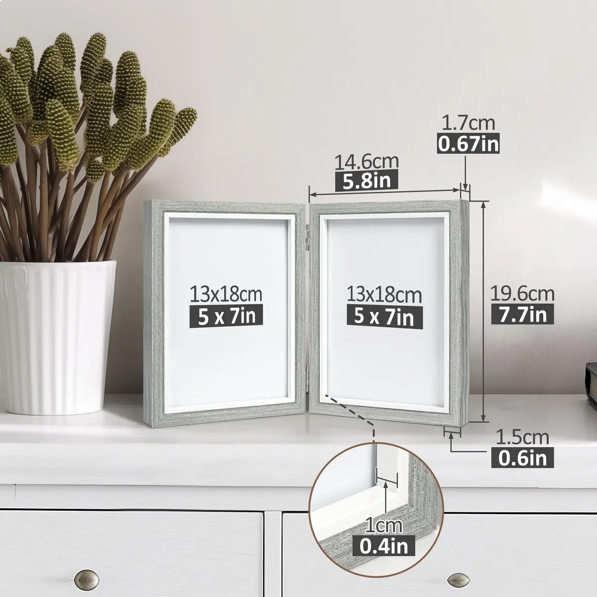 Afuly 5x7 Double Picture Frame Grey | Elegant Wall & Tabletop Decor (70-120c) - view 3