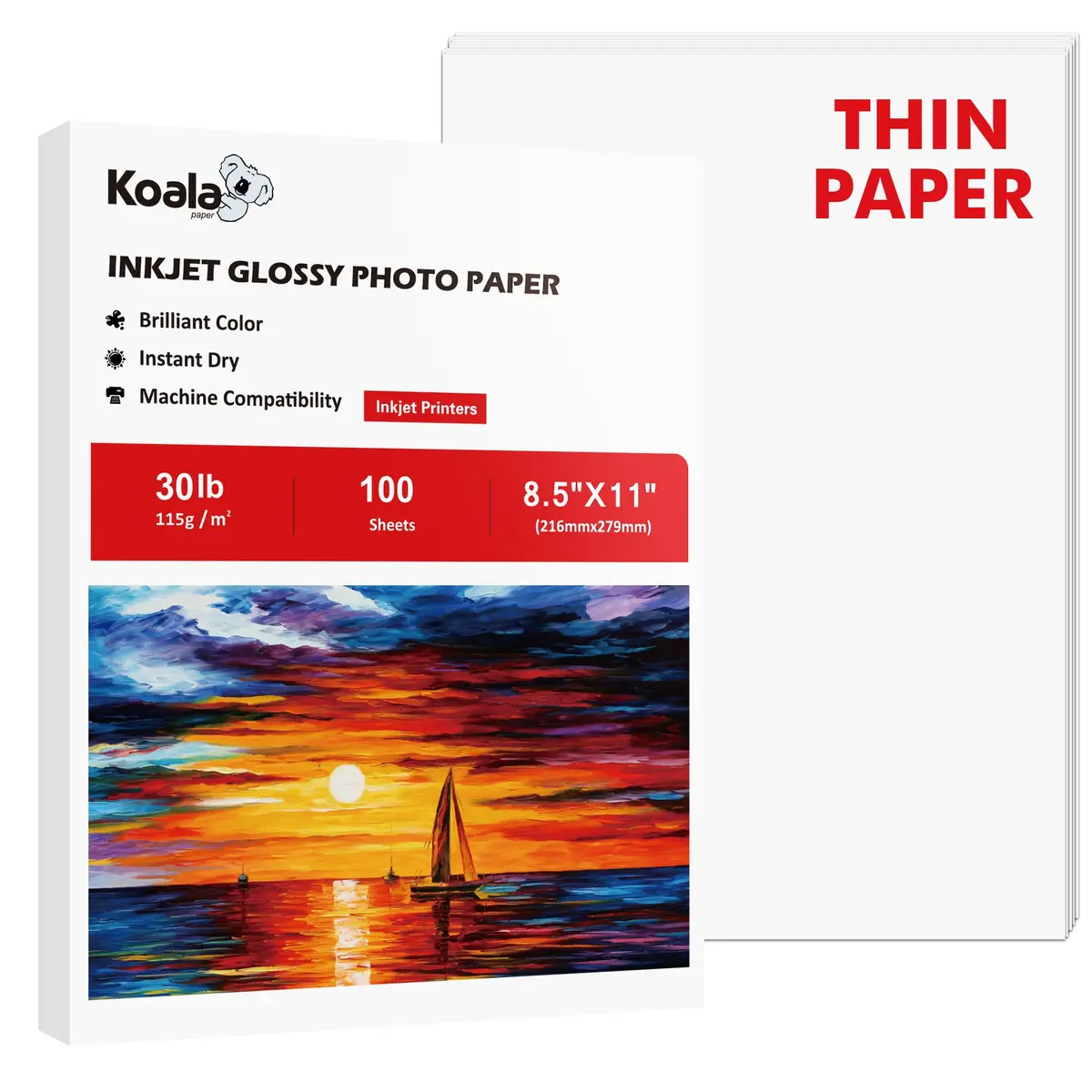 Koala Glossy Inkjet Photo Paper 8.5x11 Inches 100 Sheets 30LB | High-Resolution, Instant Dry, Perfect for Photos & Crafts - main product image
