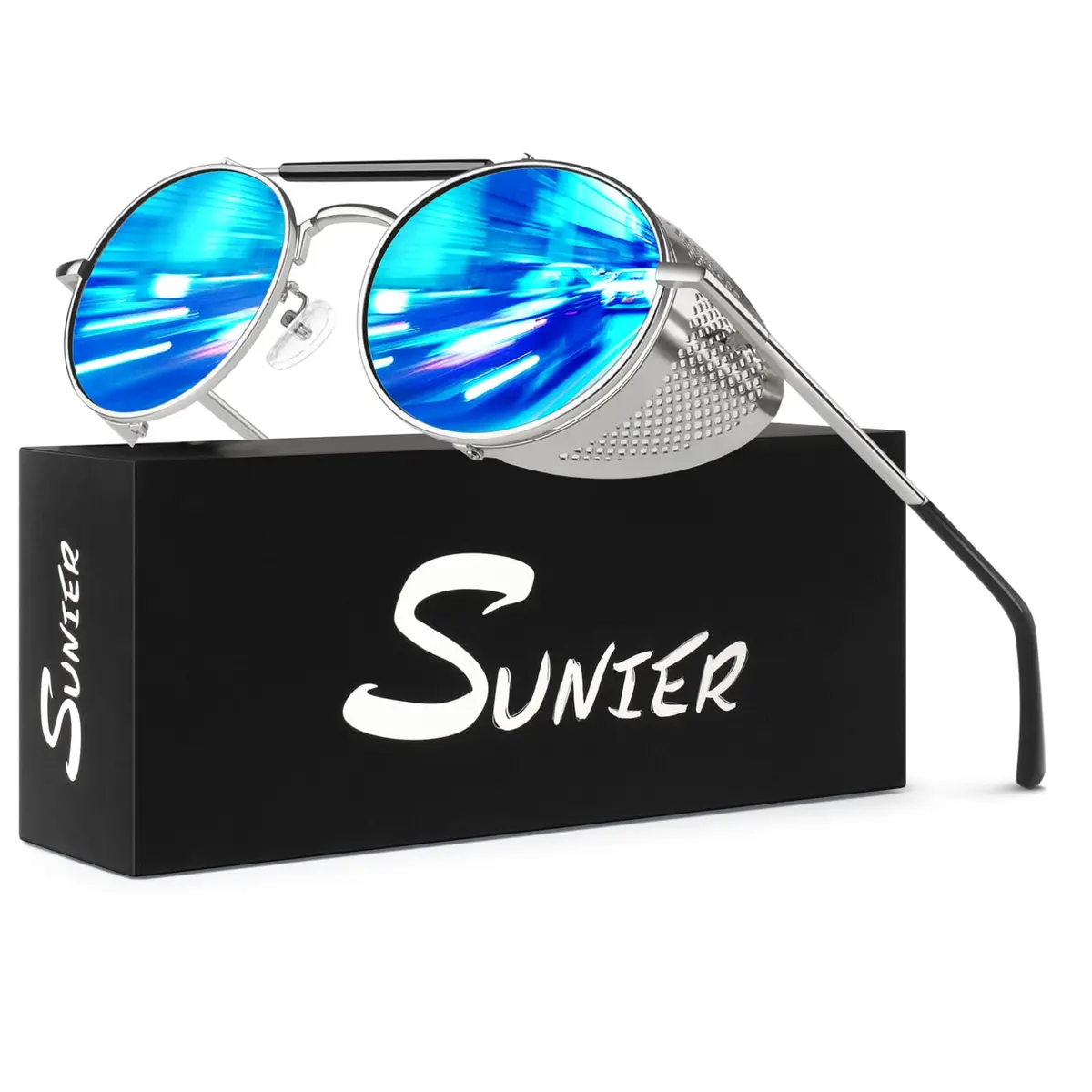 Sunier Round Polarized Steampunk Sunglasses Men Women Side Shield Goggles | 100% UV400 HD Polarized Lens, Unbreakable Metal Frame, Adjustable Fit - main product image
