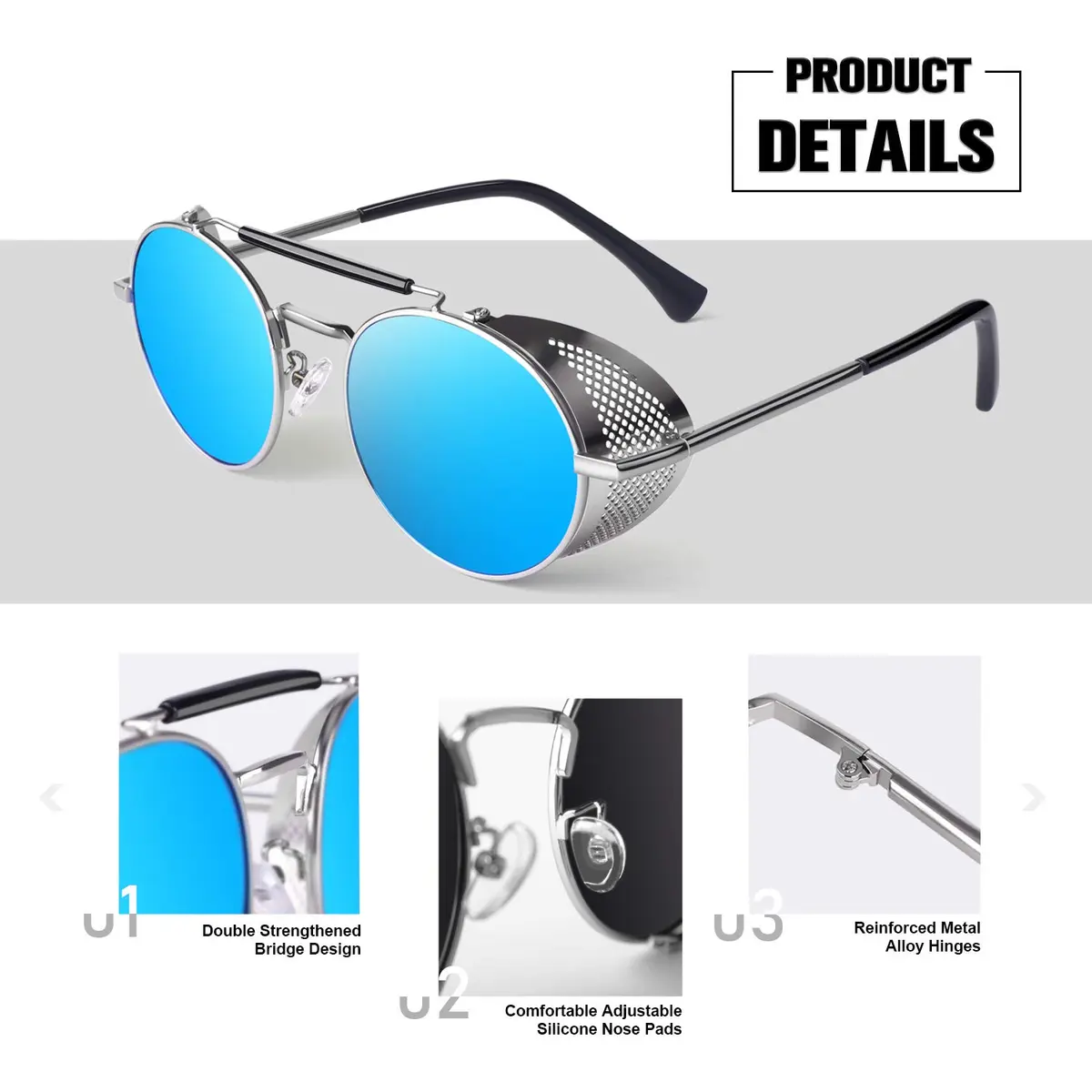 Sunier Round Polarized Steampunk Sunglasses Men Women Side Shield Goggles | 100% UV400 HD Polarized Lens, Unbreakable Metal Frame, Adjustable Fit - view 4