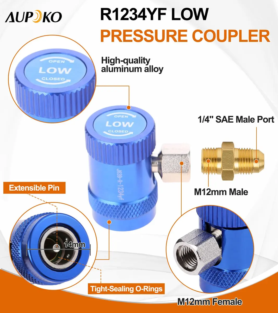 Aupoko R1234yf Quick Coupler, Adjustable High & Low Side Adapter, 17mm/14mm, Brass & Aluminum Alloy, for Automotive AC Systems - view 2