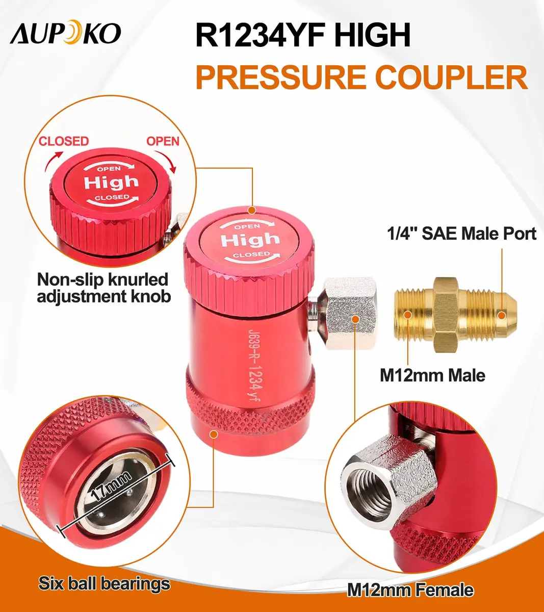Aupoko R1234yf Quick Coupler, Adjustable High & Low Side Adapter, 17mm/14mm, Brass & Aluminum Alloy, for Automotive AC Systems - view 3
