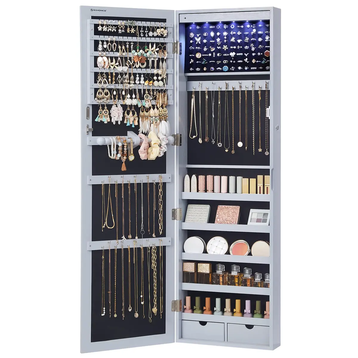 SONGMICS Jewelry Armoire Organizer, 47.2-Inch Tall, Lockable, Gray - main product image