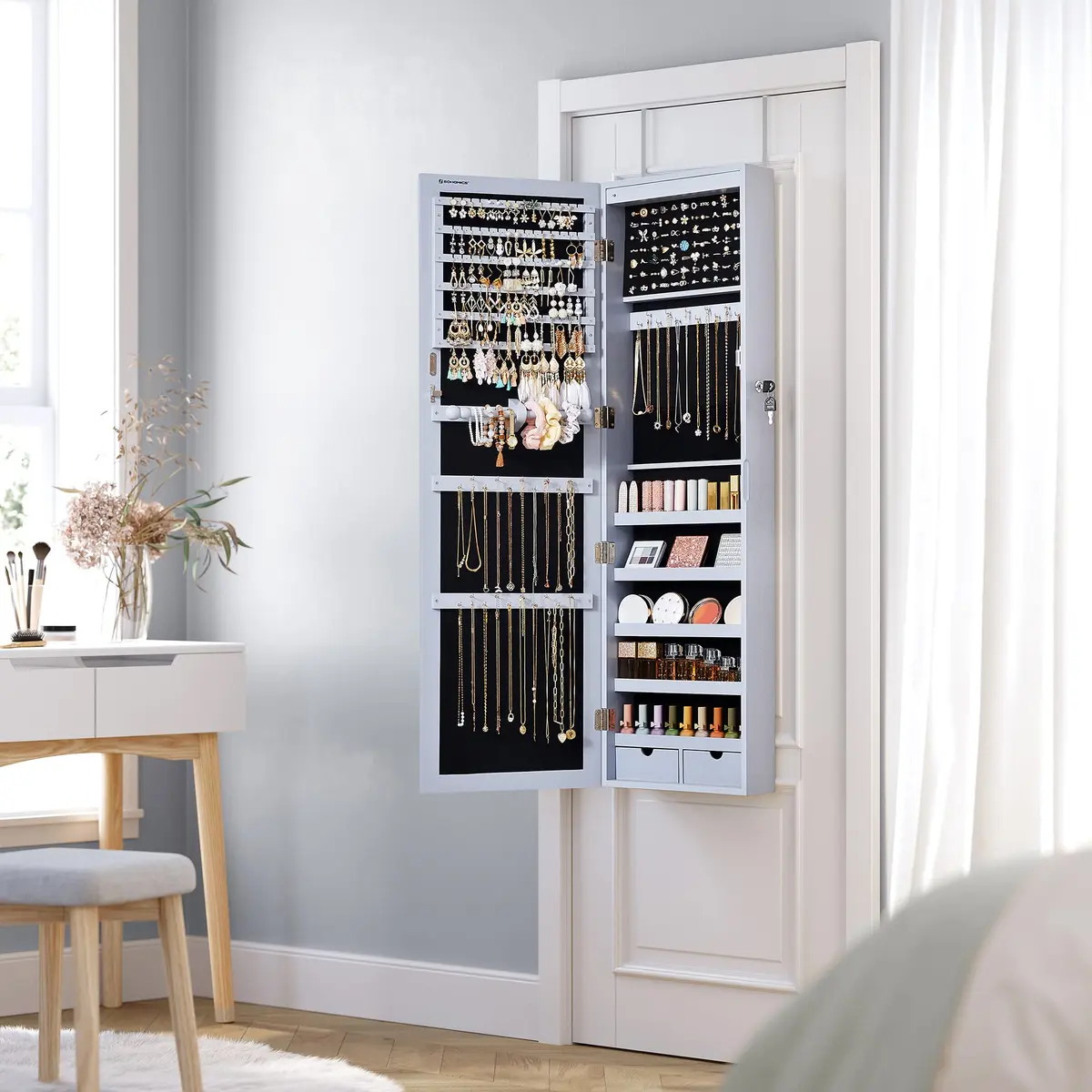 SONGMICS Jewelry Armoire Organizer, 47.2-Inch Tall, Lockable, Gray - view 8