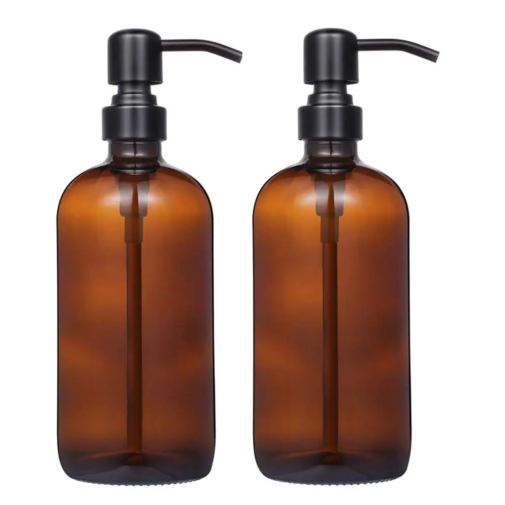 CHBJDAN Amber Glass Soap Dispenser 2 Pack 454ml (16 Oz) | Vintage Style with Matte Black Stainless Steel Pump - main product image