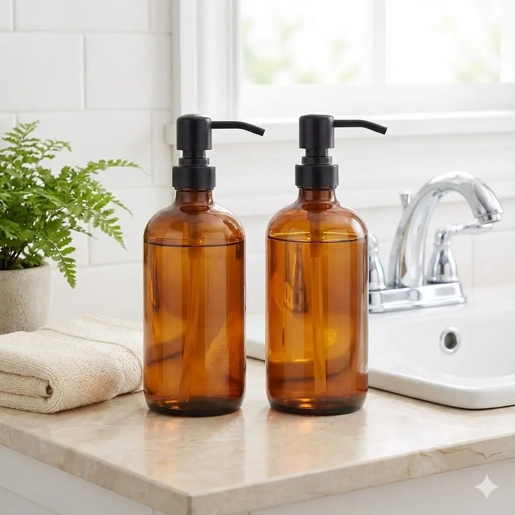 CHBJDAN Amber Glass Soap Dispenser 2 Pack 454ml (16 Oz) | Vintage Style with Matte Black Stainless Steel Pump - view 6
