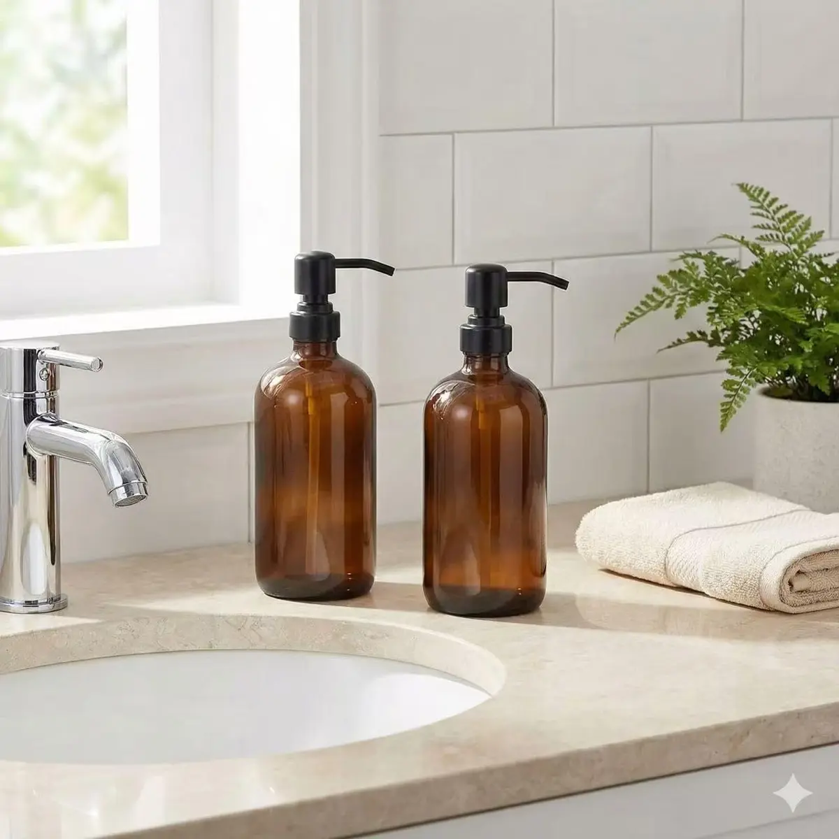 CHBJDAN Amber Glass Soap Dispenser 2 Pack 454ml (16 Oz) | Vintage Style with Matte Black Stainless Steel Pump - view 7
