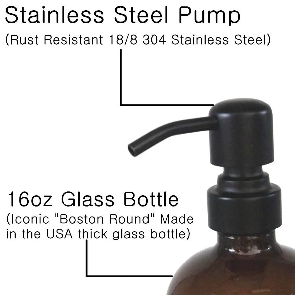 CHBJDAN Amber Glass Soap Dispenser 2 Pack 454ml (16 Oz) | Vintage Style with Matte Black Stainless Steel Pump - view 3