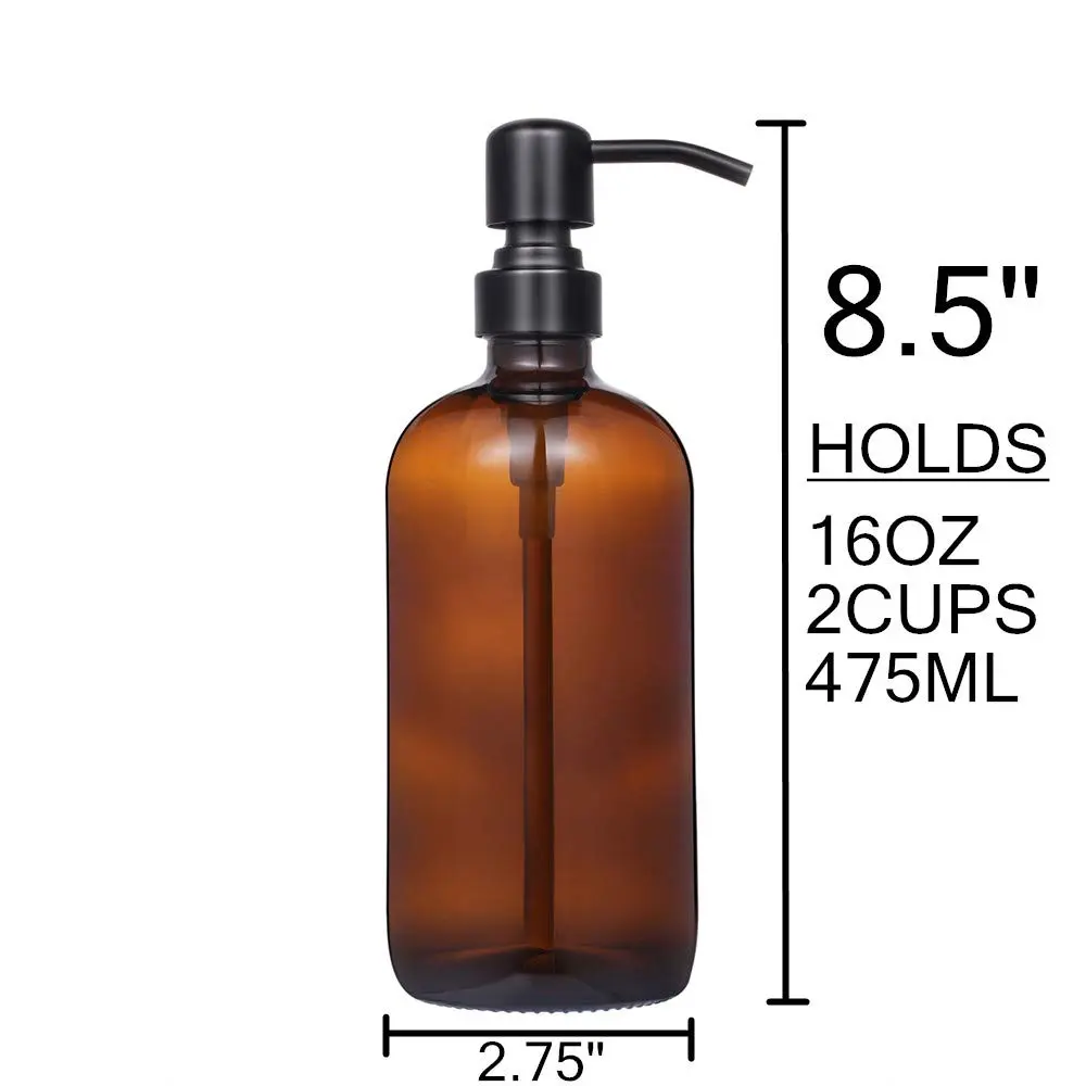 CHBJDAN Amber Glass Soap Dispenser 2 Pack 454ml (16 Oz) | Vintage Style with Matte Black Stainless Steel Pump - view 4