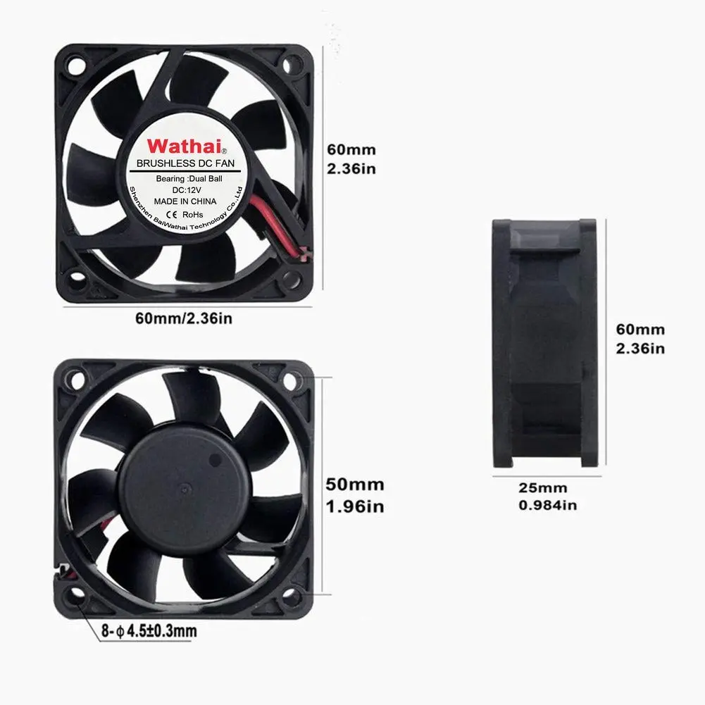 Wathai 60mm x 60mm x 25mm 12V DC Case Fan Brushless Cooling Fan Dual Ball 2P | 4700RPM, 25CFM, 37dBA, 50,000 hrs life - view 6