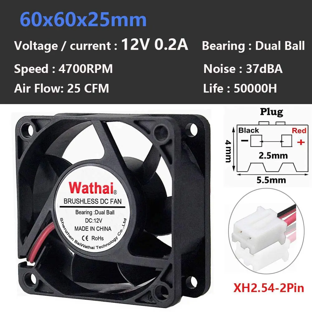 Wathai 60mm x 60mm x 25mm 12V DC Case Fan Brushless Cooling Fan Dual Ball 2P | 4700RPM, 25CFM, 37dBA, 50,000 hrs life - view 2