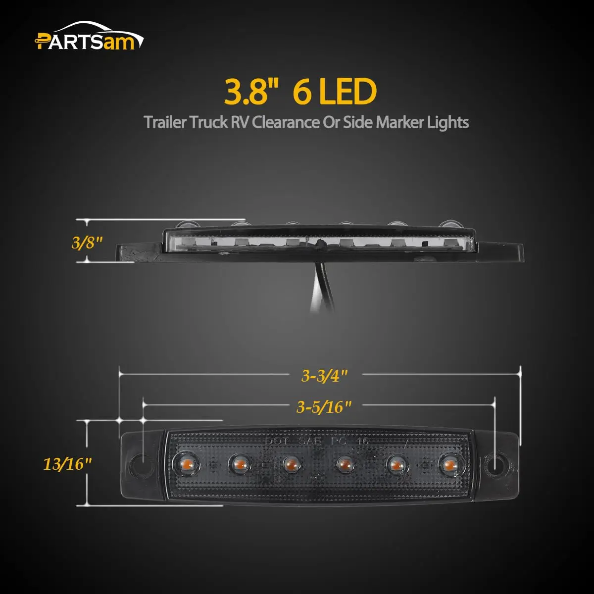 Partsam 10Pcs 3.8" Amber 6LED Side Marker Clearance Lights Waterproof | 12V Trailer & Truck Indicator - view 4