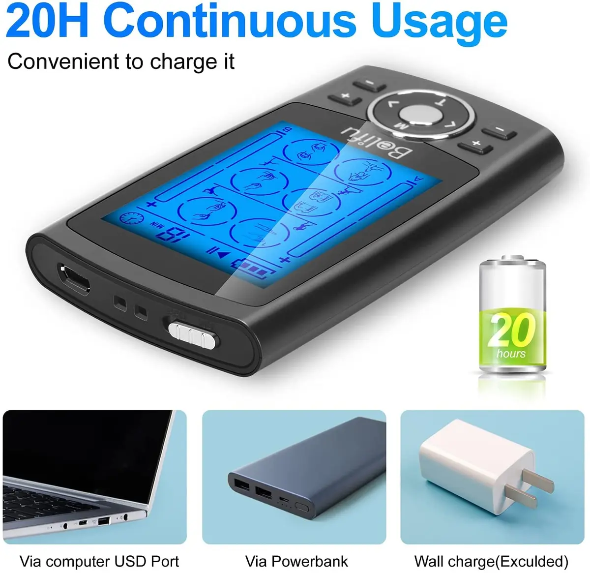 Belifu Dual Channel TENS EMS Unit 24 Modes Muscle Stimulator for Pain Relief Therapy with 10 Pads - view 4