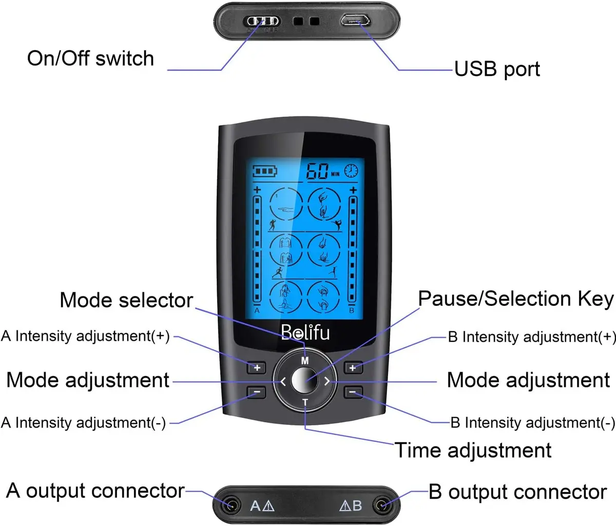 Belifu Dual Channel TENS EMS Unit 24 Modes Muscle Stimulator for Pain Relief Therapy with 10 Pads - view 7