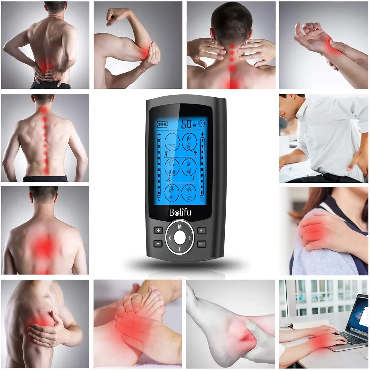 Belifu Dual Channel TENS EMS Unit 24 Modes Muscle Stimulator for Pain Relief Therapy with 10 Pads - view 2
