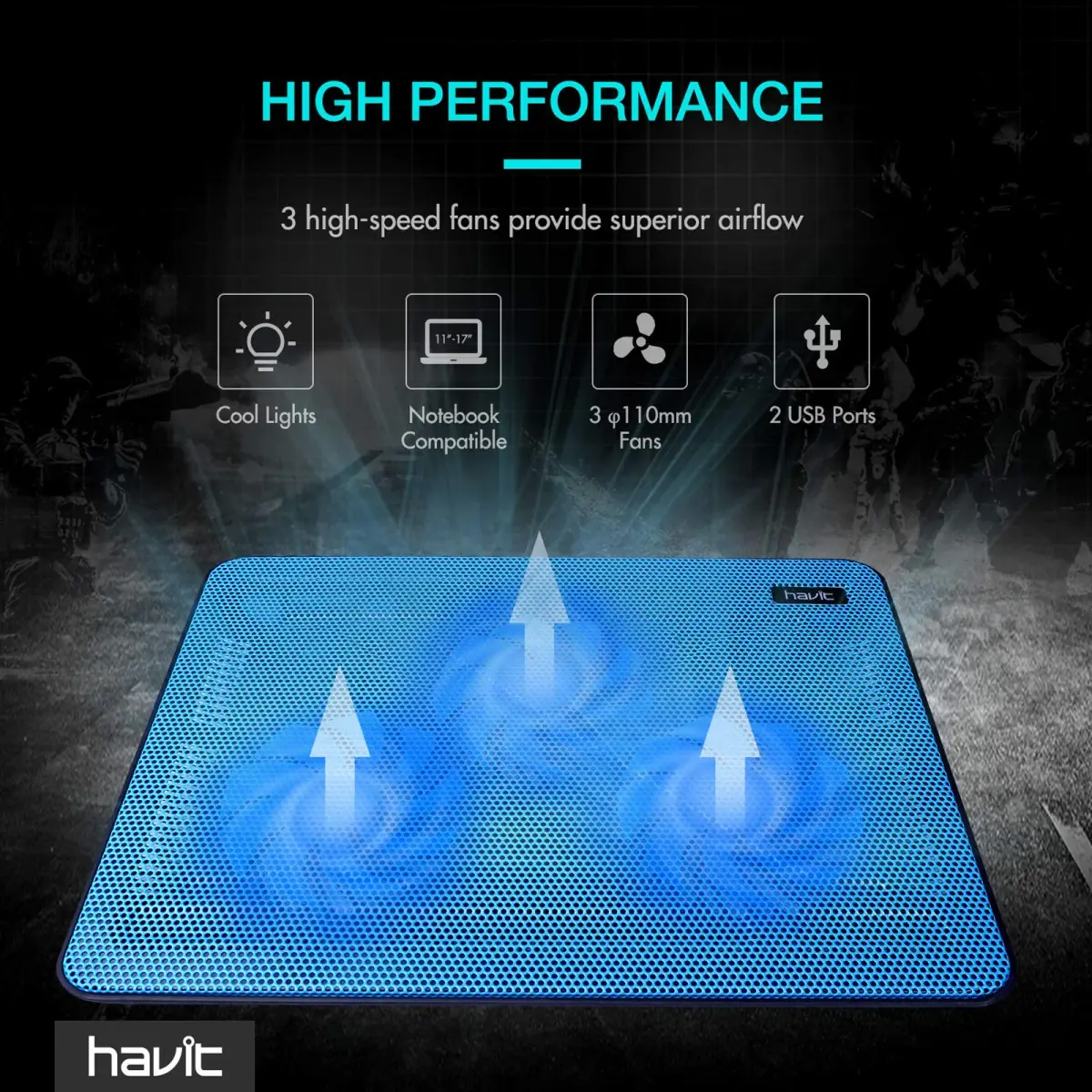 havit HV-F2056 Laptop Cooling Pad for 15.6-17 Inch Laptops, Blue | 3 Quiet USB-Powered Fans, 2 Height Settings - view 2