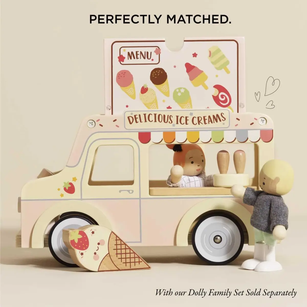 Le Toy Van Dolly Ice Cream Van Play Set for Doll Houses | Traditional Pink Wood, Ages 3+ - view 8
