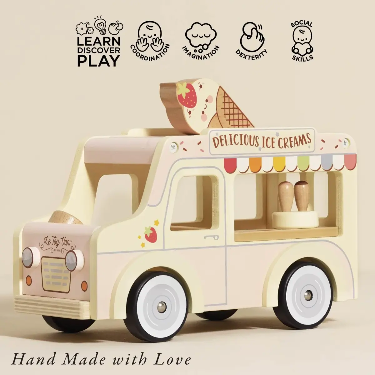 Le Toy Van Dolly Ice Cream Van Play Set for Doll Houses | Traditional Pink Wood, Ages 3+ - view 3