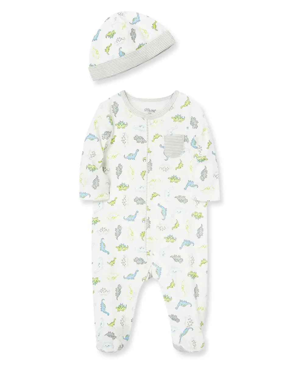 Little Me Baby Boys' 2-Piece Cotton Tiny Dinos Footie & Cap Set Newborn | Soft, Comfortable & Easy Diaper Change - main product image