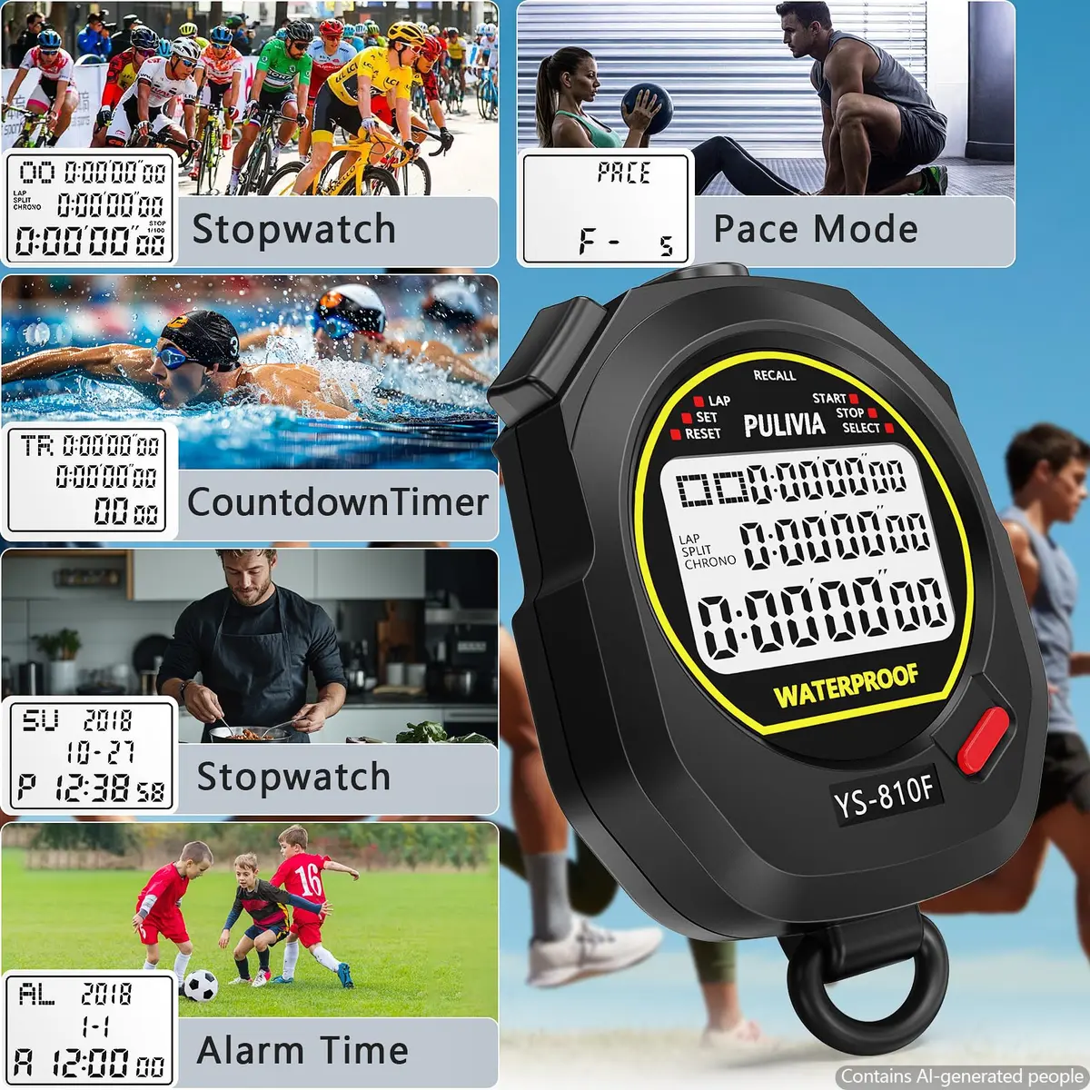PULIVIA Digital Stopwatch Timer Multi Splits/Laps with Countdown, Alarm, Pace Mode | 1/100 Second Accuracy - view 3