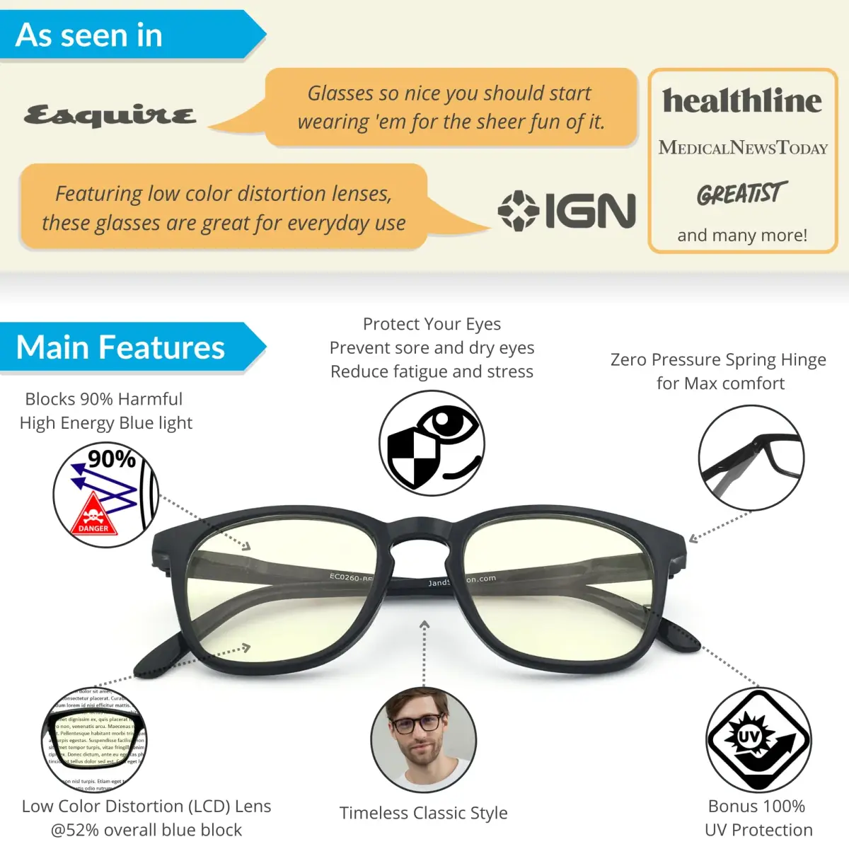 J+S Blue Light Blocking Glasses, Puhou Square Black Frame, LCD Lens (49mm Lens Width, 140mm Arm Length) | Blocks 90% Harmful Blue Light - view 2