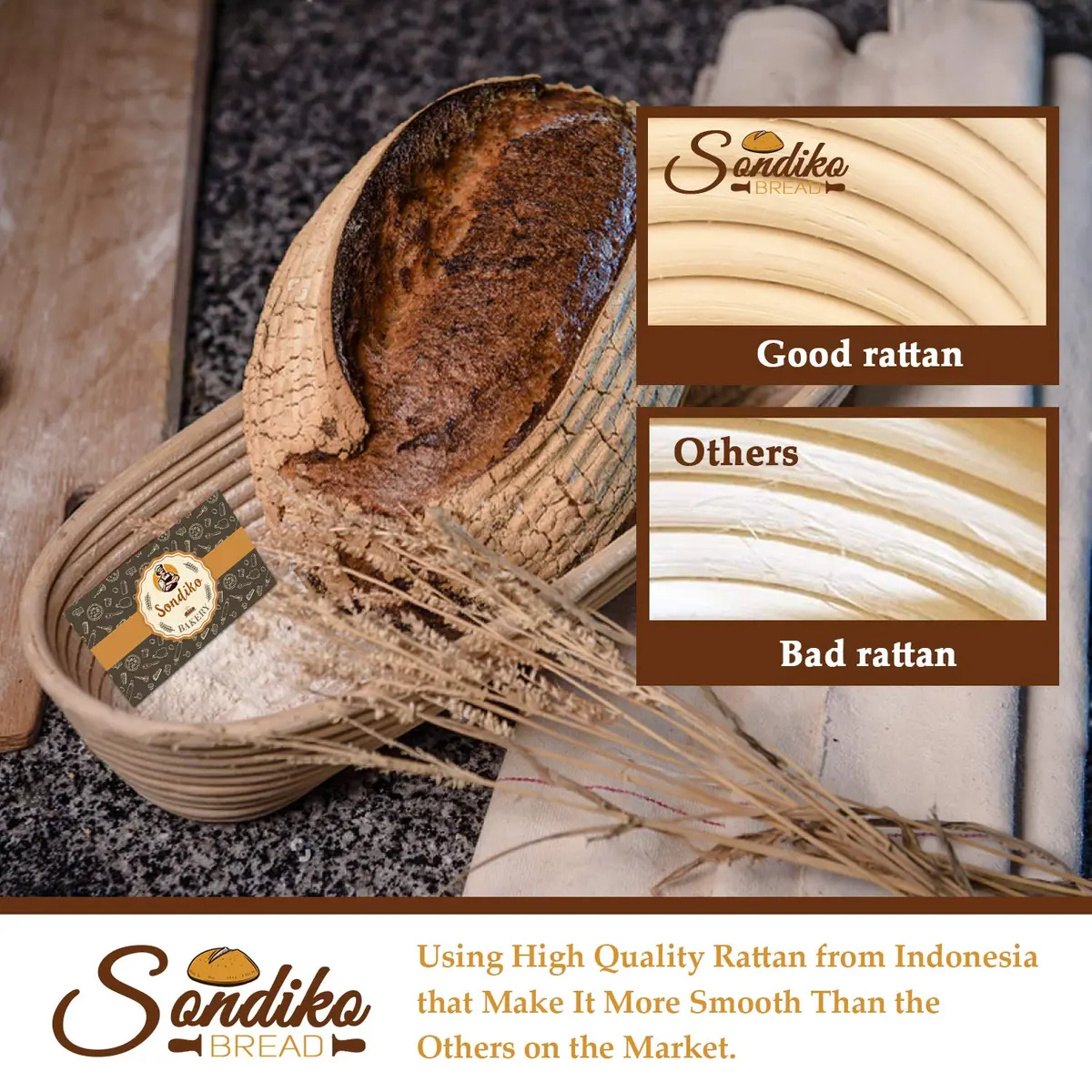 Sondiko Oval Rattan Bread Proofing Basket 24.5cm (9.6") | Handmade for Sourdough Baking - view 4