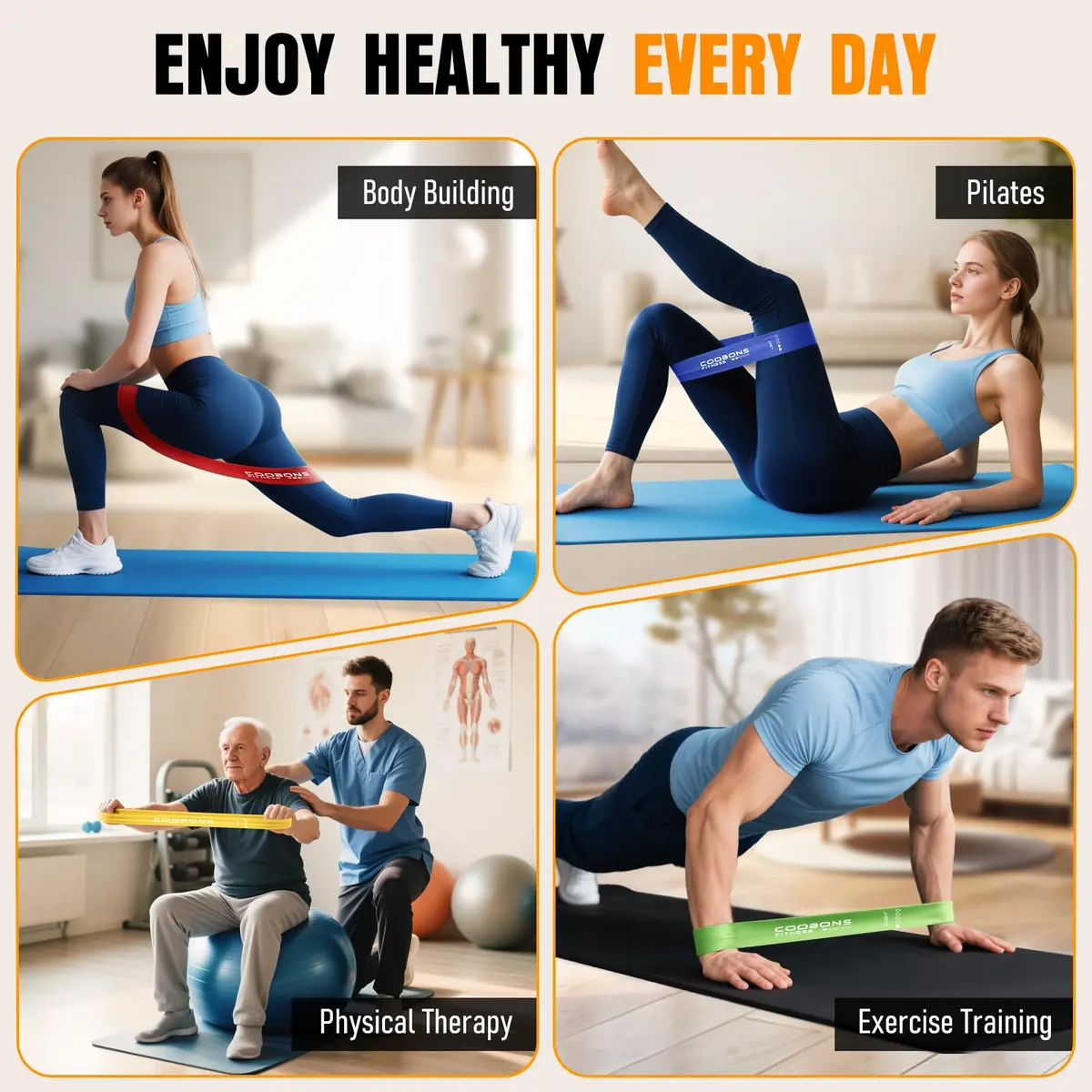 COOBONS FITNESS Resistance Bands for Women and Men | 50LB Exercise Loop Bands for Yoga, Pilates, Rehab, Home Workout - view 6