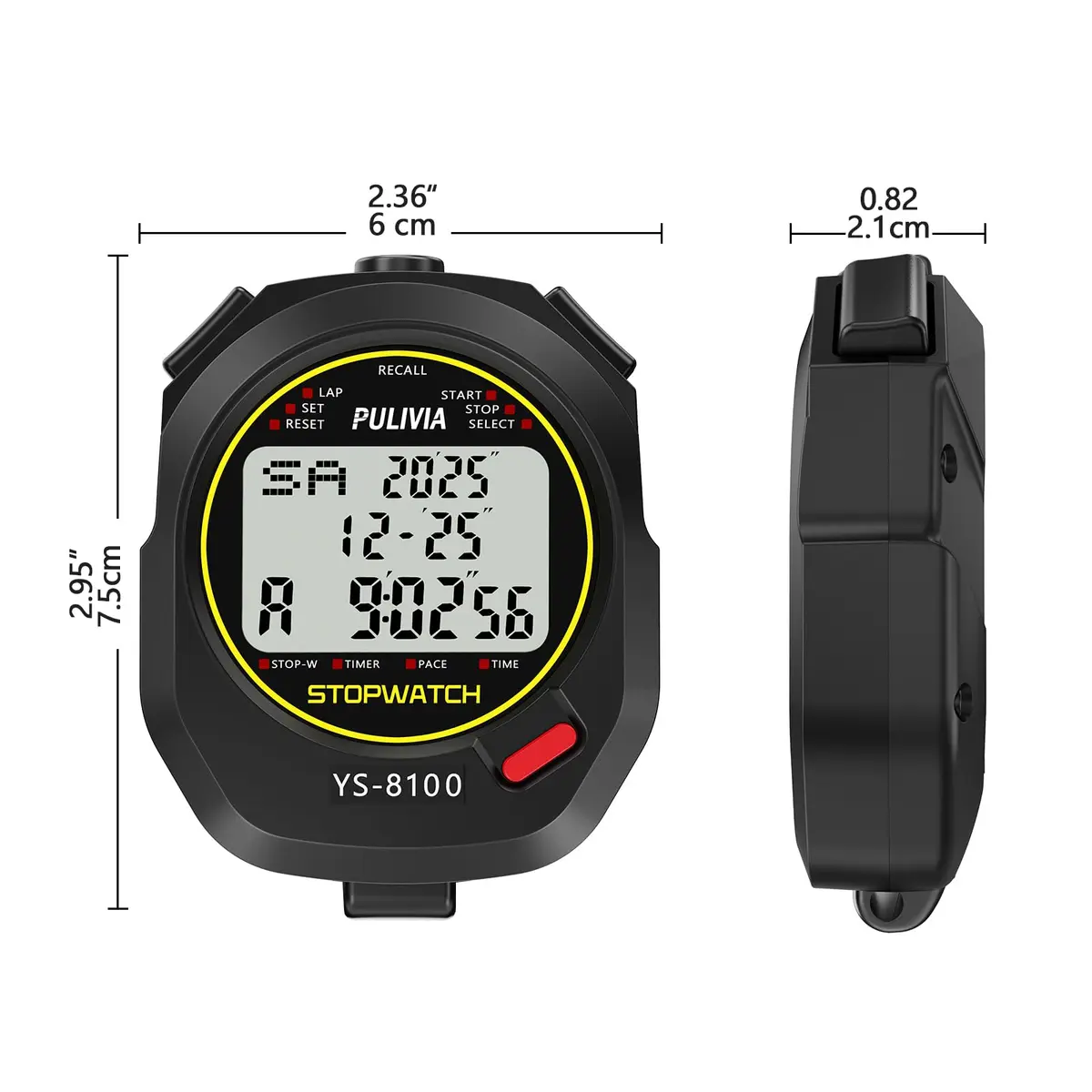 PULIVIA Digital Stopwatch Timer Multi Splits/Laps 100 Splits/Laps Stopwatch with Countdown Alarm Clock Date, Memory Recall 3-Rows Display, Ideal for Coaches Referee PE-teacher - view 6