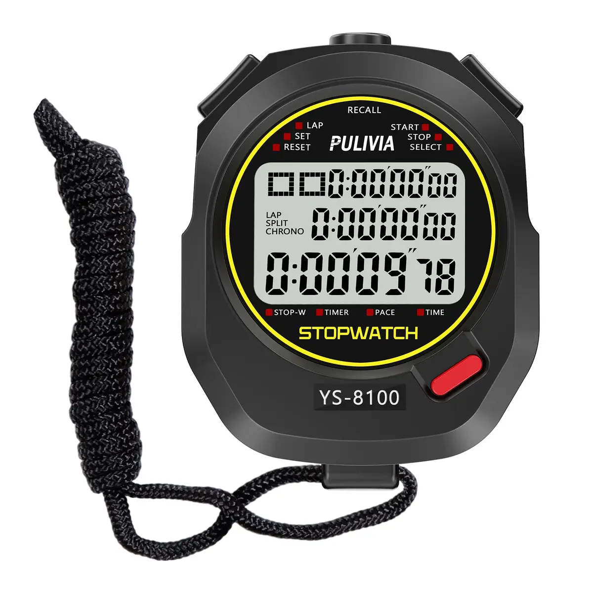PULIVIA Digital Stopwatch Timer Multi Splits/Laps 100 Splits/Laps Stopwatch with Countdown Alarm Clock Date, Memory Recall 3-Rows Display, Ideal for Coaches Referee PE-teacher - main product image