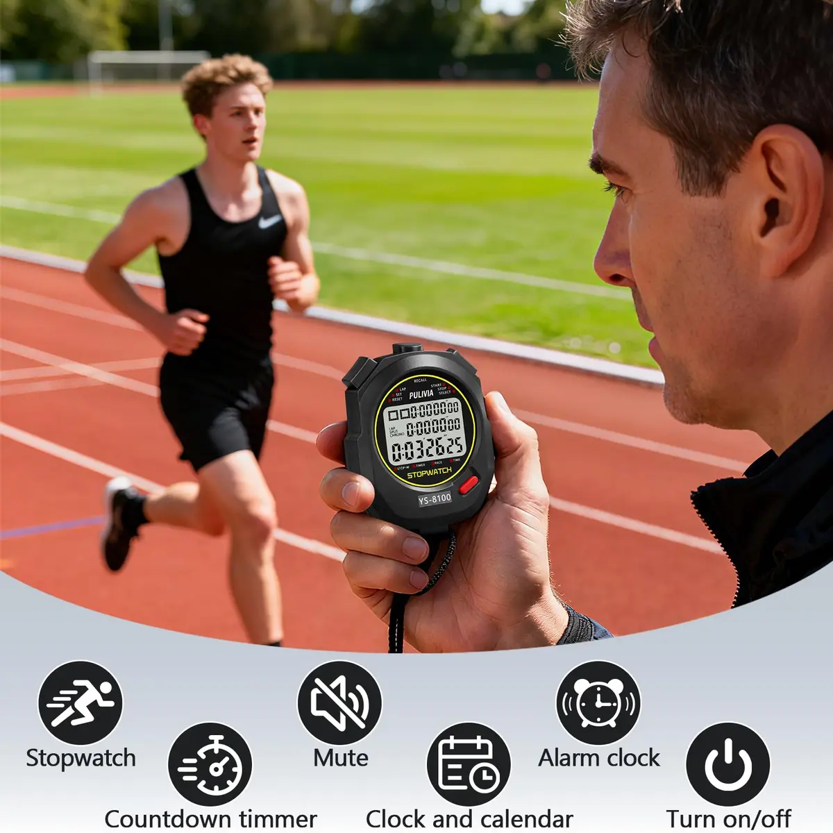 PULIVIA Digital Stopwatch Timer Multi Splits/Laps 100 Splits/Laps Stopwatch with Countdown Alarm Clock Date, Memory Recall 3-Rows Display, Ideal for Coaches Referee PE-teacher - view 2