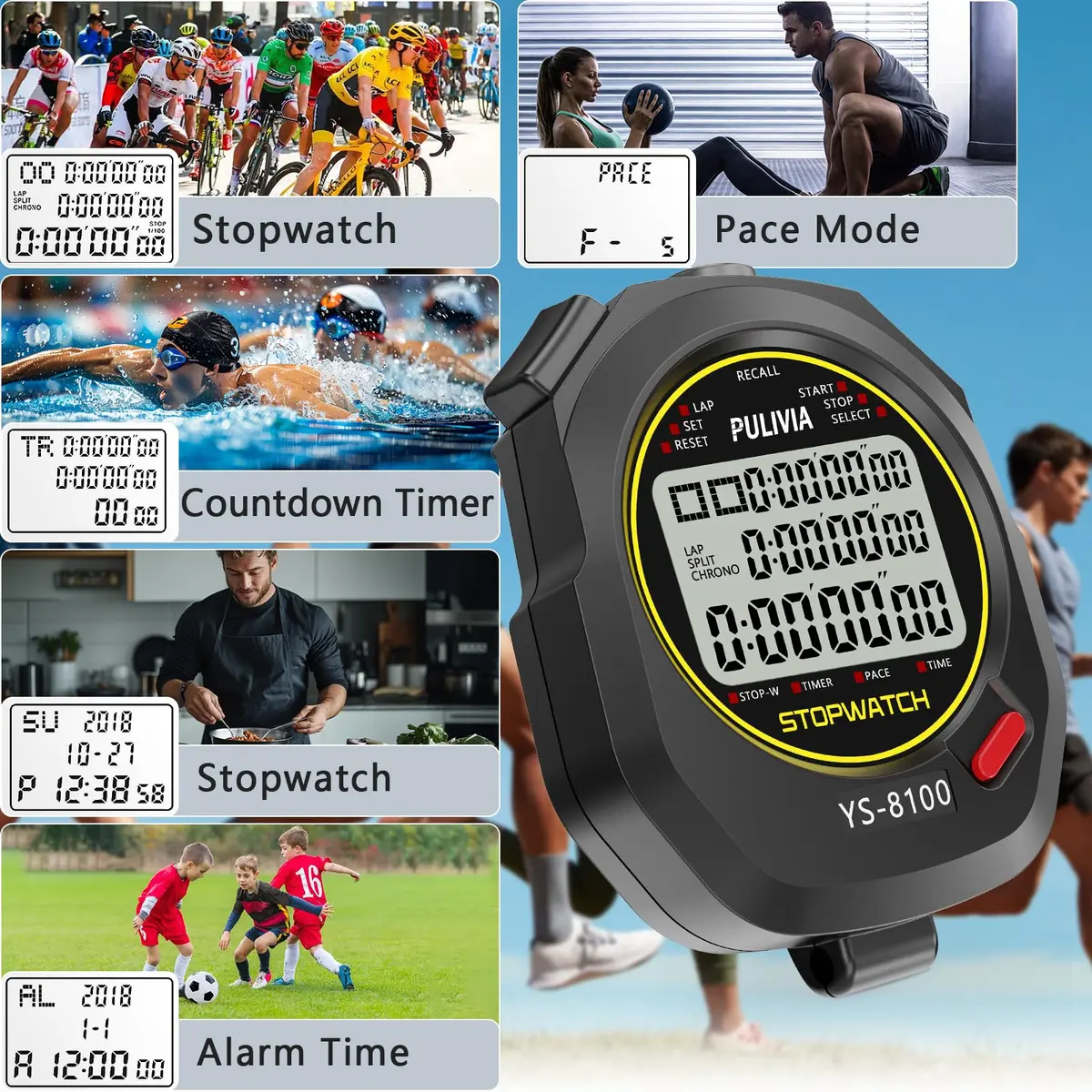 PULIVIA Digital Stopwatch Timer Multi Splits/Laps 100 Splits/Laps Stopwatch with Countdown Alarm Clock Date, Memory Recall 3-Rows Display, Ideal for Coaches Referee PE-teacher - view 3