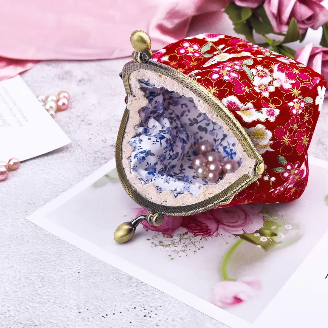 Oyachic Coin Purse, Floral Change Purse, Vintage Coin Pouch, Small Wallet with Kiss Lock Clasp for Women, Girls, Red | Compact & Durable Canvas - view 2
